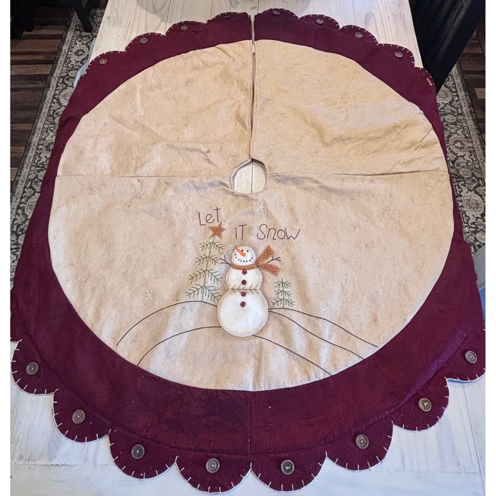 Let It Snow Snowman Christmas Tree Skirt 51 Inch Scalloped Burgundy Tan Rustic